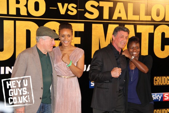 Britain's Natasha Jonas & Nicola Adams (right) man handle Hollywood stars Robert De Niro & Sylvester Stallone (c) Hey U Guys