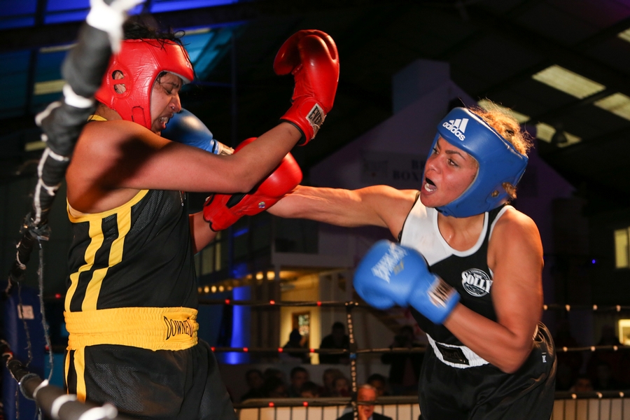Carly Ogogo (right) breaks through Mischale George's defence to win the 81kg ABA Championship title (c) ABAE website