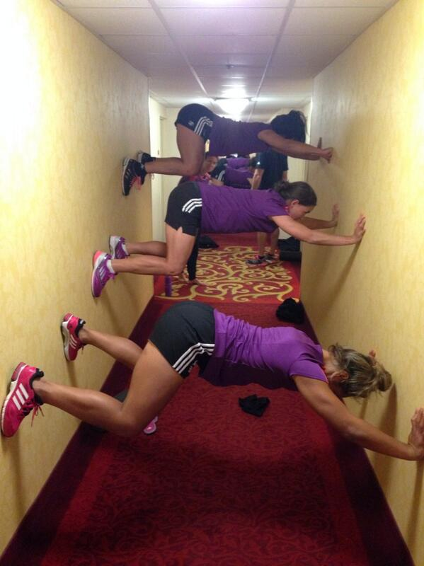 New Zealand's Sevens team take to their hotel corridor for core strength training when a storm prevents them from training outside (c) Taranaki Rugby
